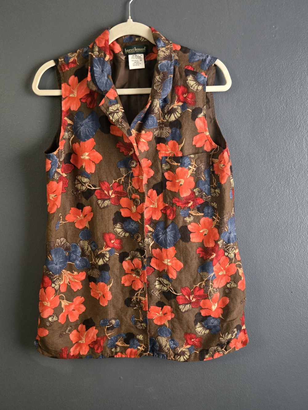 Harve Benard Brown Floral Sleeveless Vintage Button Up Pocket Waistcoat Vest 10 - Picture 6 of 7